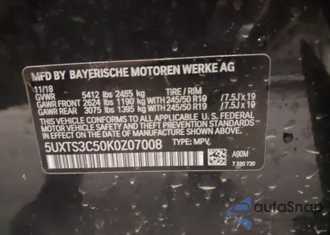 2019 BMW X3 M40I z USA, uszkodzony, nr VIN 5UXTS3C50K0Z07008